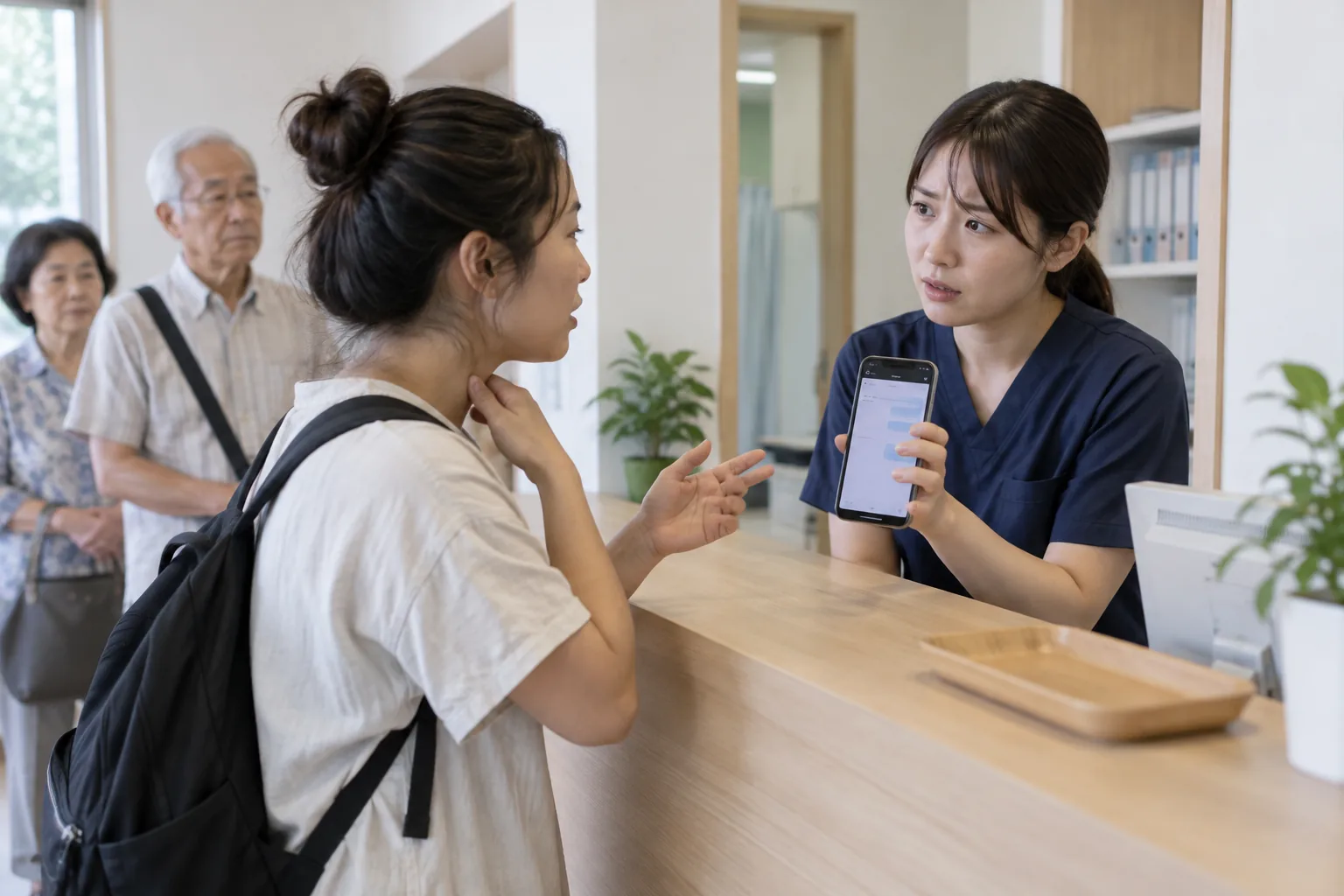 翻訳アプリを手に、外国人の患者さんへの説明に困っている受付スタッフ